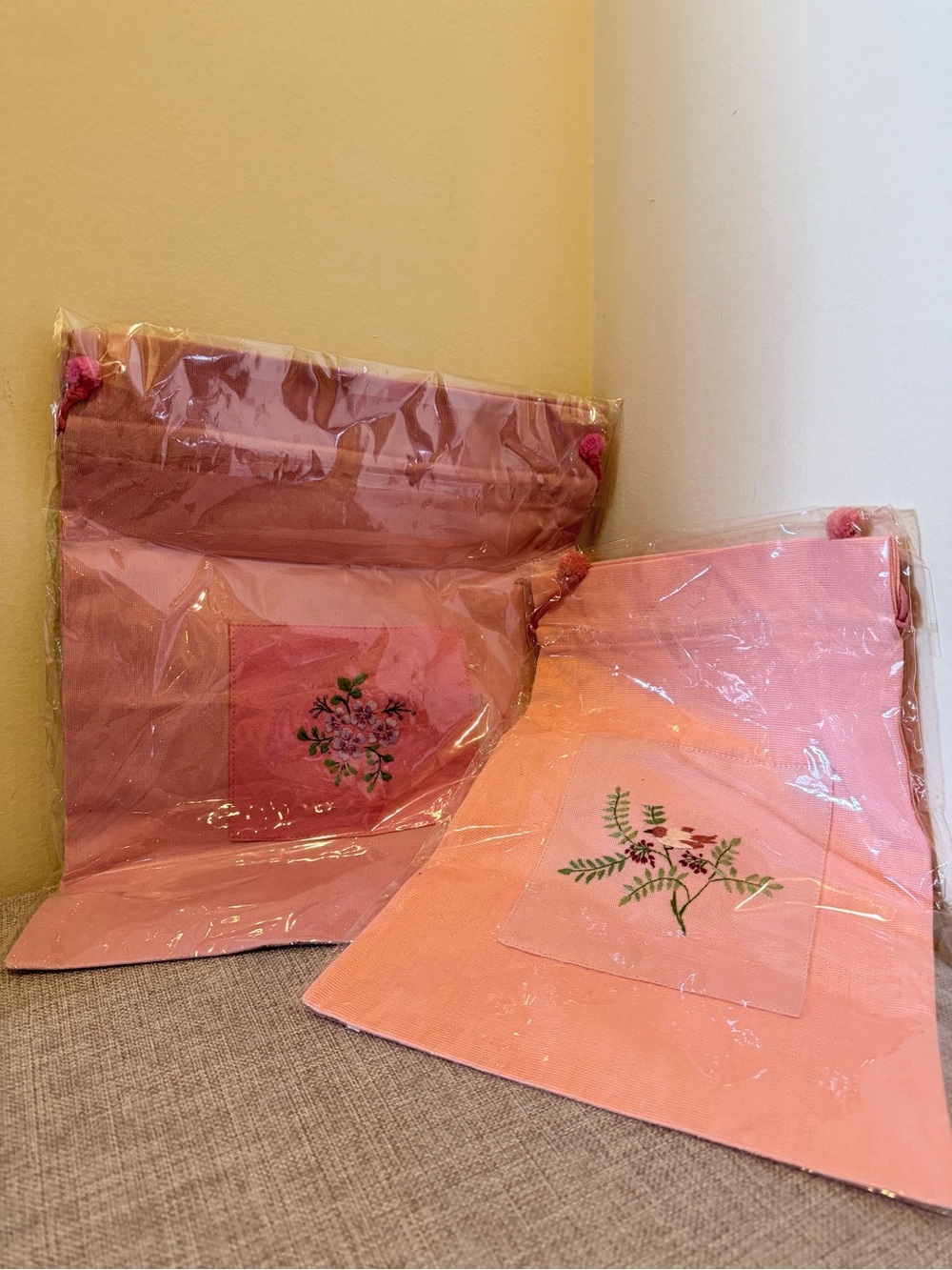 Sealed Handmade Thai Embroidered Drawstring Pouches - Set of 2 (Pink & Peach)